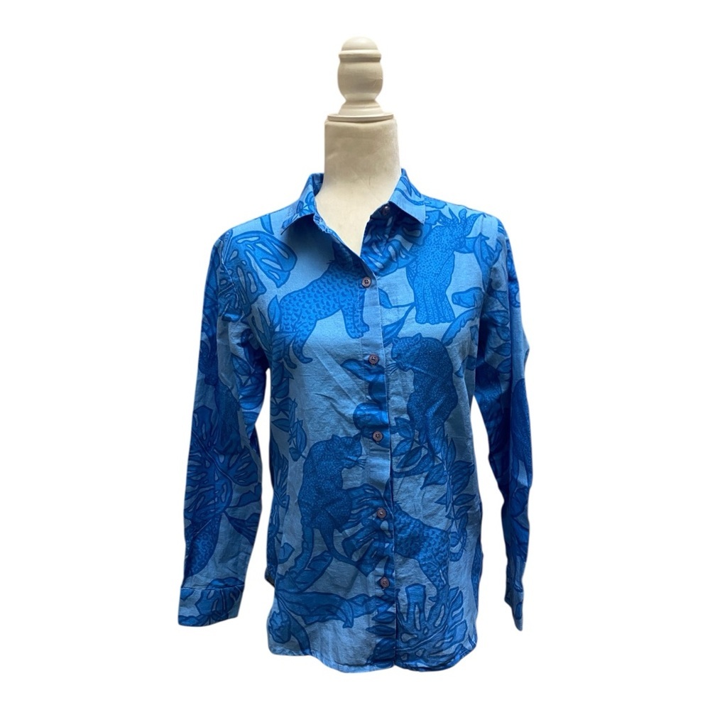 Las Surenas Womens Life In Colors Blue Linen Blend Button Down Blouse Size M